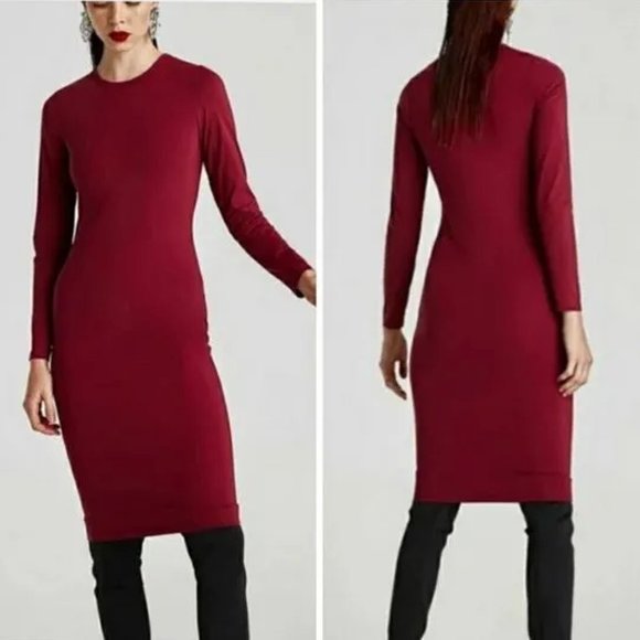 ZARA Long Sleeve Fitted Dress with Stretch | Women's Size S | Deep Red - Picture 2 of 6